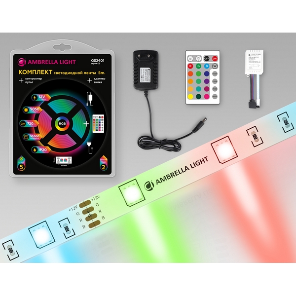 Комплект светодиодной ленты с пультом RGB Ambrella Illumination GS2401 5050 30Led 7.2W/m 12V IP20 5m, illumination GS2401
Комплект светодиодной ленты с пультом RGB Ambrella Illumination GS2401 5050 30Led 7.2W/m 12V IP20 5m, illumination GS2401