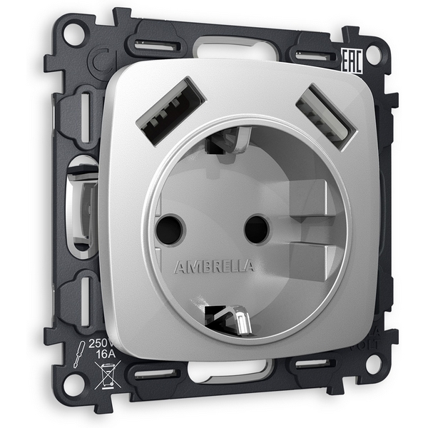 Комплект механизма Ambrella Volt электрической розетки OMEGA MO409010 Серебро глянец 2USB A+A 18W быстрая зарядка с заземлением и шторками 2P+E 16A-250V QUANT, Quant MO409010
Комплект механизма Ambrella Volt электрической розетки OMEGA MO409010 Серебро глянец 2USB A+A 18W быстрая зарядка с заземлением и шторками 2P+E 16A-250V QUANT, Quant MO409010