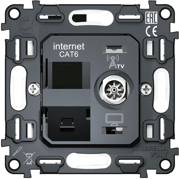 Механизм Ethernet RJ-45 розетки с автоматической защитной шторкой и ТВ-розетки оконечной встраиваемый (серый) Ambrella Volt QUANT VM195, Quant VM195
Механизм Ethernet RJ-45 розетки с автоматической защитной шторкой и ТВ-розетки оконечной встраиваемый (серый) Ambrella Volt QUANT VM195, Quant VM195