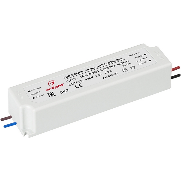 Блок питания ARPV-LV24060-A (24V, 2.5A, 60W) (IP67 Пластик) Arlight ARPV 018982, Белый, ARPV 18982 
Блок питания ARPV-LV24060-A (24V, 2.5A, 60W) (IP67 Пластик) Arlight ARPV 018982, Белый, ARPV 18982