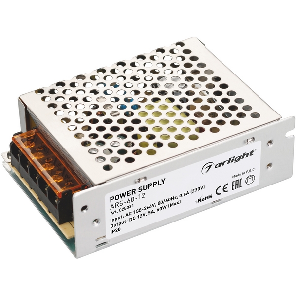 Блок питания ARS-60-12 (12V, 5A, 60W) (Arlight, IP20 Сетка, 2 года) 025331, Серый, ARS 025331
Блок питания ARS-60-12 (12V, 5A, 60W) (Arlight, IP20 Сетка, 2 года) 025331, Серый, ARS 025331