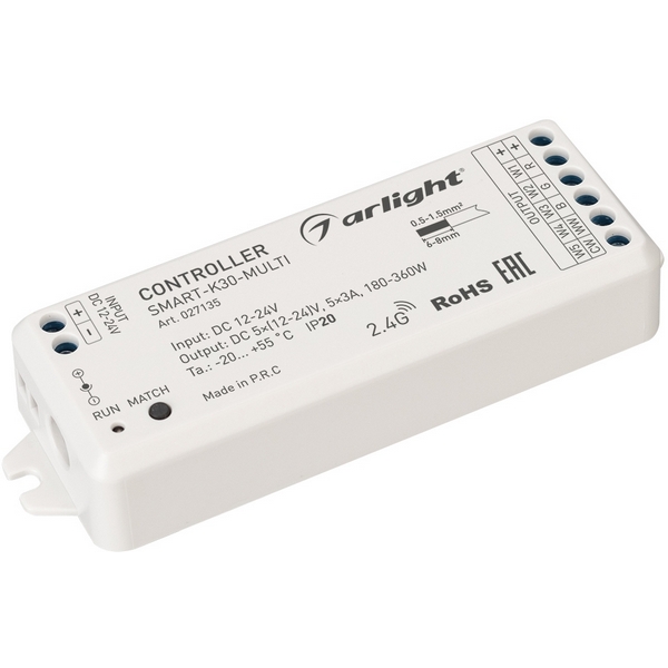Контроллер SMART-K30-MULTI (12-24V, 5x3A, RGB-MIX, 2.4G) (Arlight, IP20 Пластик, 5 лет) 027135, Белый, 027135
Контроллер SMART-K30-MULTI (12-24V, 5x3A, RGB-MIX, 2.4G) (Arlight, IP20 Пластик, 5 лет) 027135, Белый, 027135
