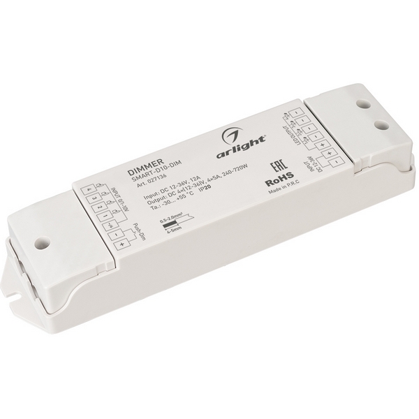 Диммер SMART-D10-DIM (12-36V, 4x5A, 0/1-10V) (Arlight, IP20 Пластик, 5 лет) 027136, Белый, 027136
Диммер SMART-D10-DIM (12-36V, 4x5A, 0/1-10V) (Arlight, IP20 Пластик, 5 лет) 027136, Белый, 027136