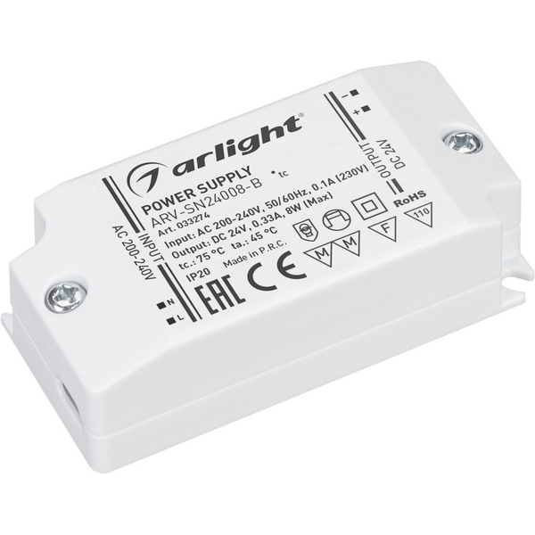 Блок питания ARV-SN24008-B (24V, 0.33A, 8W) (Arlight, IP20 Пластик) 033274, ARV-SN 033274
Блок питания ARV-SN24008-B (24V, 0.33A, 8W) (Arlight, IP20 Пластик) 033274, ARV-SN 033274