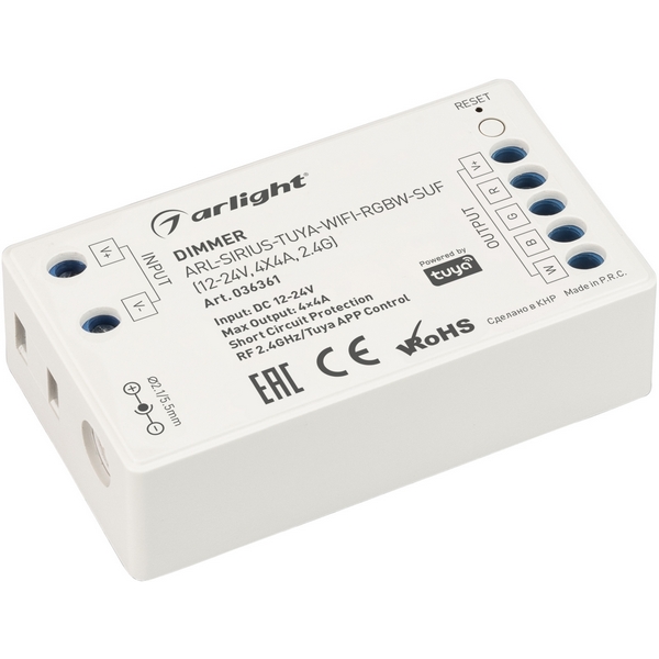 Диммер ARL-SIRIUS-TUYA-WIFI-RGBW-SUF (12-24V, 4x4A, 2.4G) (Arlight, IP20 Пластик, 3 года) 036361, 036361
Диммер ARL-SIRIUS-TUYA-WIFI-RGBW-SUF (12-24V, 4x4A, 2.4G) (Arlight, IP20 Пластик, 3 года) 036361, 036361