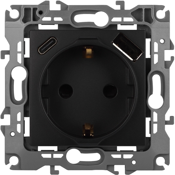 Розетка встраиваемая с заземлением, шторками и USB Type A+С (антрацит) ЭРА 12-4108-05, Черный, 12-4108-05 
Розетка встраиваемая с заземлением, шторками и USB Type A+С (антрацит) ЭРА 12-4108-05, Черный, 12-4108-05