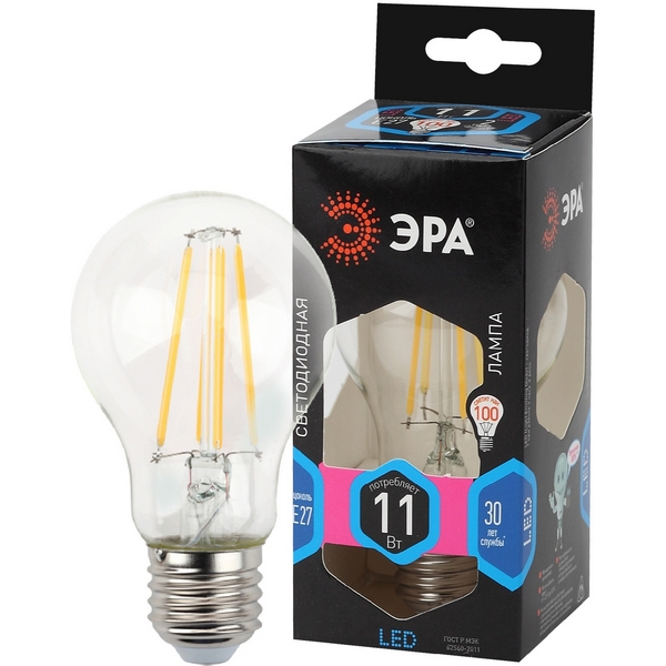 Лампочка светодиодная филаментная E27 11W ЭРА F-LED A60-11W-840-E27, F-LED A60-11W-840-E27 
Лампочка светодиодная филаментная E27 11W ЭРА F-LED A60-11W-840-E27, F-LED A60-11W-840-E27