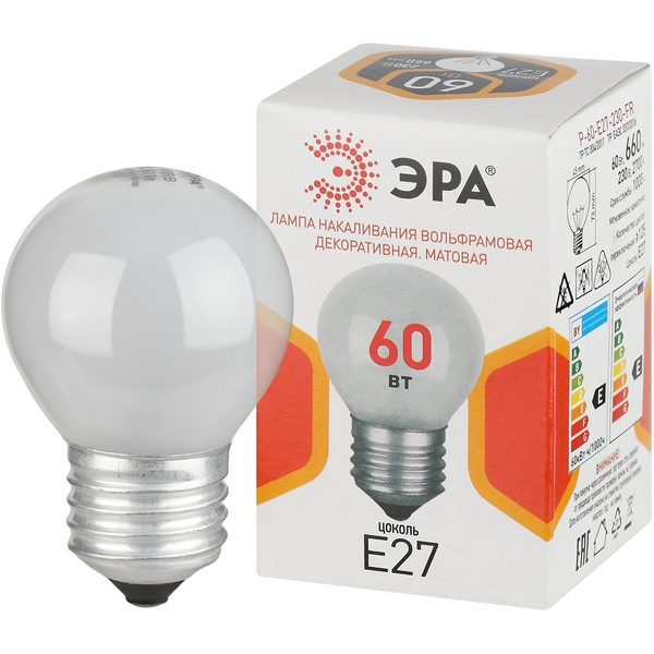 Лампочка накаливания E27 60 Вт ЭРА P45 P-60-E27-230-FR, P45 P-60-E27-230-FR
Лампочка накаливания E27 60 Вт ЭРА P45 P-60-E27-230-FR, P45 P-60-E27-230-FR