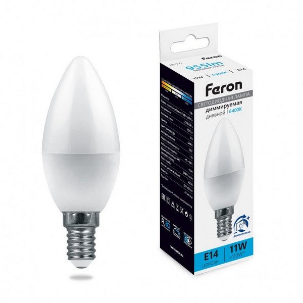 Лампа светодиодная C37 свеча диммируемая 11W 230V E14 6400К Feron LB-771 51057, LB-771 51057
Лампа светодиодная C37 свеча диммируемая 11W 230V E14 6400К Feron LB-771 51057, LB-771 51057