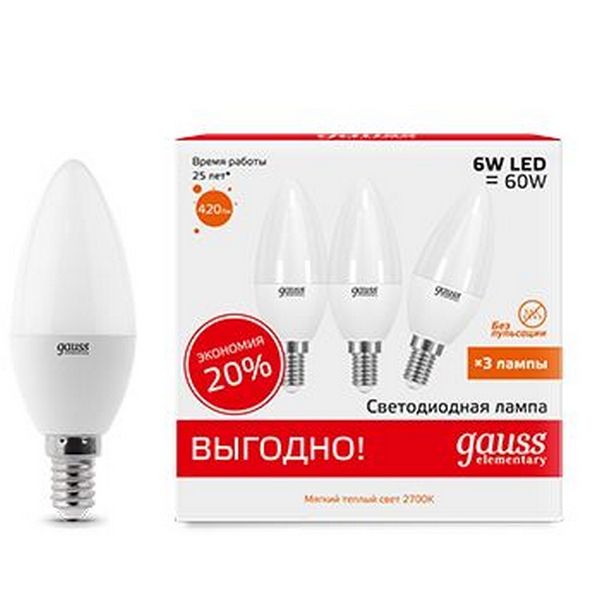 Лампочка светодиодная 6W E14 2700K 1/40 (3 лампы в упаковке) Gauss Elementary Candle 33116T, Elementary Candle 33116T
Лампочка светодиодная 6W E14 2700K 1/40 (3 лампы в упаковке) Gauss Elementary Candle 33116T, Elementary Candle 33116T