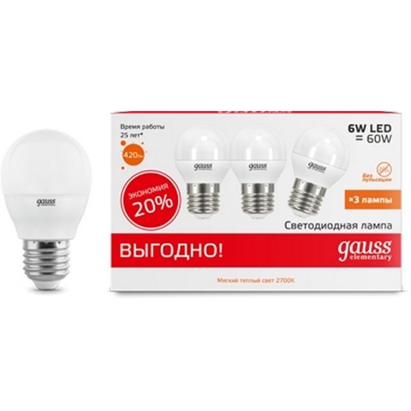 Лампочка 6W E27 2700K 1/40 (3 лампы в упаковке) Gauss Elementary 53216T, Elementary 53216T
Лампочка 6W E27 2700K 1/40 (3 лампы в упаковке) Gauss Elementary 53216T, Elementary 53216T