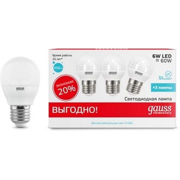 Лампочка 6W E27 4100K 1/40 (3 лампы в упаковке) Gauss Elementary 53226T, Elementary 53226T
Лампочка 6W E27 4100K 1/40 (3 лампы в упаковке) Gauss Elementary 53226T, Elementary 53226T