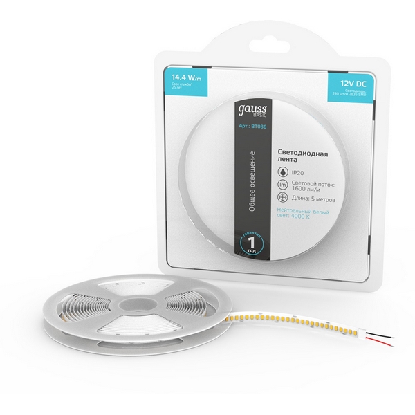 Светодиодная лента Gauss Basic BT086 LED 2835/240 12V 14,4W/m 1600lm/m 4000K 10mm IP20 5m, Basic BT086
Светодиодная лента Gauss Basic BT086 LED 2835/240 12V 14,4W/m 1600lm/m 4000K 10mm IP20 5m, Basic BT086