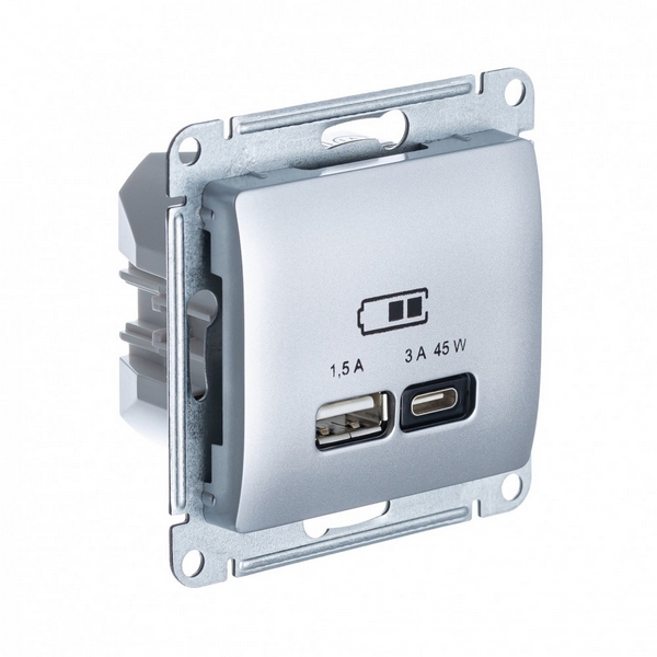 Розетка с быстрой зарядкой USB Type A+С 45Вт (алюминий) Systeme Electric Glossa GSL000329, Glossa GSL000329
Розетка с быстрой зарядкой USB Type A+С 45Вт (алюминий) Systeme Electric Glossa GSL000329, Glossa GSL000329