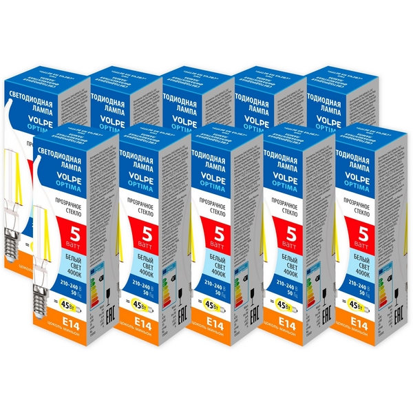 Лампа светодиодная Volpe Optima Филамент LED-CW35-5W/4000K/E14/CL/SLF Набор из 10штук свеча на ветру прозрачная белый свет 4000К, Optima Филамент LED-CW35-5W/4000K/E14/CL/SLF Набор из 10штук
Лампа светодиодная Volpe Optima Филамент LED-CW35-5W/4000K/E14/CL/SLF Набор из 10штук свеча на ветру прозрачная белый свет 4000К, Optima Филамент LED-CW35-5W/4000K/E14/CL/SLF Набор из 10штук
