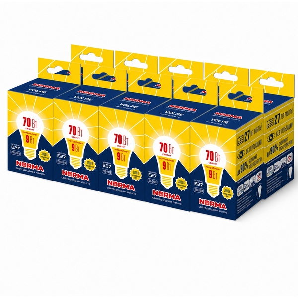 Лампочка светодиодная E27 9Вт Volpe NORMA LED-A60-9W/3000K/E27/FR/NR SET10, Norma LED-A60-9W/3000K/E27/FR/NR SET10
Лампочка светодиодная E27 9Вт Volpe NORMA LED-A60-9W/3000K/E27/FR/NR SET10, Norma LED-A60-9W/3000K/E27/FR/NR SET10
