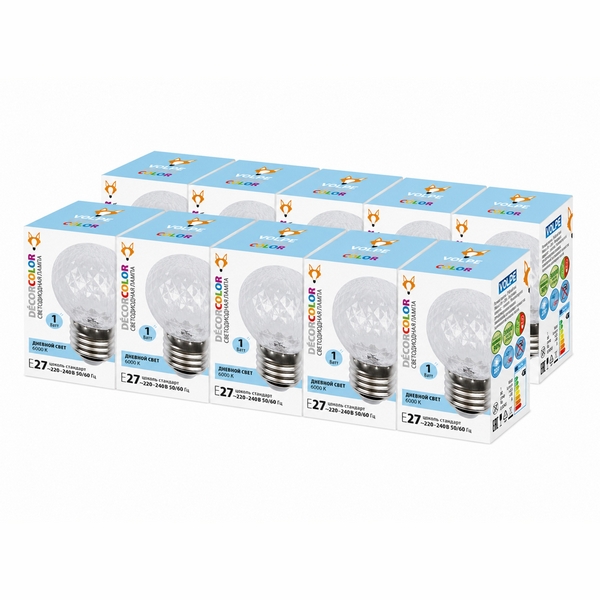 Лампочка светодиодная E27 1Вт Volpe DCOR COLOR LED-D45-1W/6000K/E27/CL/C PINEAPPLE SET10, DCOR COLOR LED-D45-1W/6000K/E27/CL/C PINEAPPLE SET10
Лампочка светодиодная E27 1Вт Volpe DCOR COLOR LED-D45-1W/6000K/E27/CL/C PINEAPPLE SET10, DCOR COLOR LED-D45-1W/6000K/E27/CL/C PINEAPPLE SET10