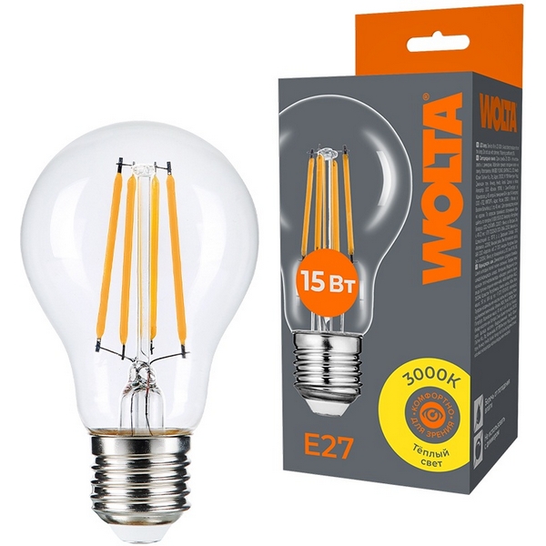 Светодиодная лампа FILAMENT 15Вт 3000K Е27 Wolta WF-A60-15W3KE27, WF-A60-15W3KE27
Светодиодная лампа FILAMENT 15Вт 3000K Е27 Wolta WF-A60-15W3KE27, WF-A60-15W3KE27