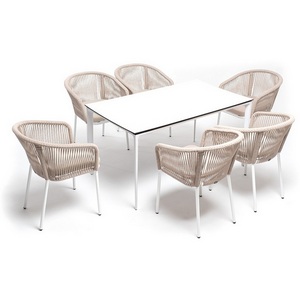 Изображение товара Обеденная группа на 6 персон со стульями Марсель, каркас белый, роуп бежевый 4SIS Малага MAL-CM6T1-7-SET beige
