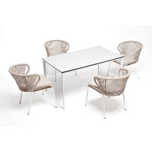 Изображение товара Обеденная группа на 4 персоны со стульями Милан, каркас белый, роуп бежевый 4SIS Малага MAL-CMIL4T1-5-SET beige