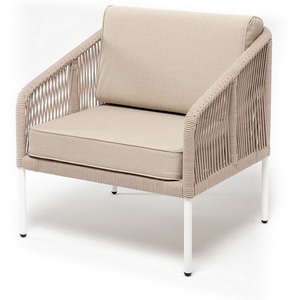 Изображение товара "Канны" кресло плетеное из роупа, каркас алюминий белый, муар, роуп бежевый круглый, ткань бежевая 035 4SIS арт.УТ-00006130