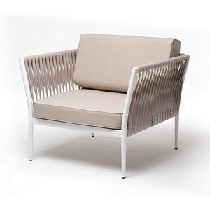 Изображение товара "Касабланка" кресло плетеное из роупа, каркас алюминий белый муар, роуп бежевый 20мм, ткань бежевая 052 4SIS арт.УТ-00007006