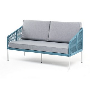 Изображение товара "Канны" диван 2-местный плетеный из роупа, каркас алюминий светло-серый (RAL7035) муар, роуп бирюзовый круглый, ткань светло-серая 4SIS арт.УТ-00007843