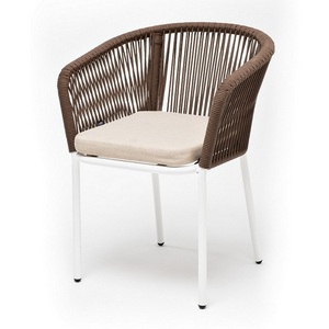 Изображение товара "Марсель" стул плетеный из роупа, каркас алюминий белый муар, роуп коричневый круглый, ткань бежевая 052 4SIS арт.УТ-00008310