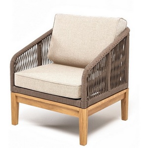 Изображение товара "Канны" кресло плетеное из роупа, основание дуб, роуп коричневый круглый, ткань бежевая 052 4SIS арт.УТ-00008328