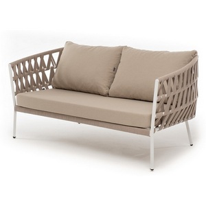 Изображение товара "Диего" диван 2-местный плетеный из роупа, каркас алюминий белый муар, роуп бежевый круглый, ткань бежевая 052 4SIS арт.УТ-00008594