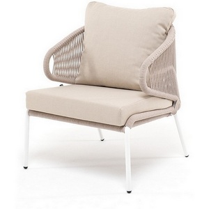 Изображение товара "Милан" кресло плетеное из роупа, каркас алюминий белый муар, роуп бежевый круглый, ткань бежевая 052 4SIS арт.УТ-00008598