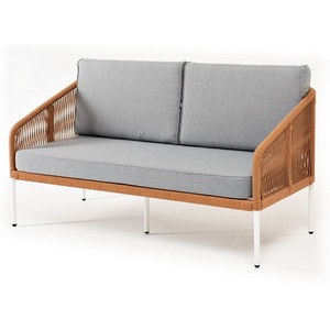 Изображение товара "Канны" диван 2-местный плетеный из роупа, каркас алюминий светло-серый (RAL7035) муар, роуп оранжевый меланж круглый, ткань светло-серая 4SIS арт.УТ-00009475