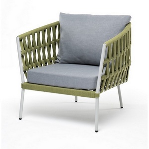 Изображение товара "Диего" кресло плетеное из роупа, каркас алюминий светло-серый (RAL7035) муар, роуп салатовый меланж круглый, ткань светло-серая 4SIS арт.УТ-00009501