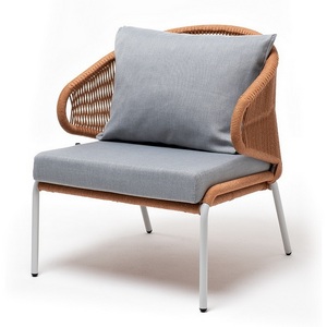 Изображение товара "Милан" кресло плетеное из роупа, каркас алюминий светло-серый (RAL7035) муар, роуп оранжевый меланж круглый, ткань светло-серая 4SIS арт.УТ-00009571