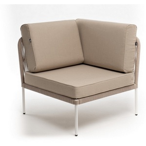 Изображение товара "Канны" угловой модуль плетеный из роупа, каркас алюминий белый муар, роуп бежевый круглый, ткань бежевая 15052 4SIS арт.УТ-00009979