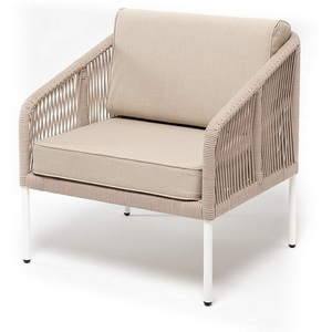 Изображение товара "Канны" кресло плетеное из роупа, каркас алюминий белый муар, роуп бежевый круглый, ткань бежевая 15052 4SIS арт.УТ-00009982