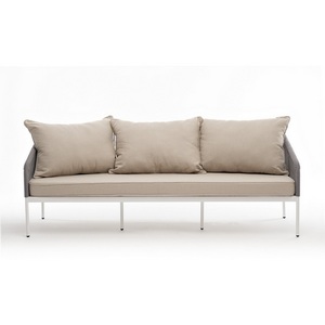 Изображение товара "Канны" диван 3-местный плетеный из роупа, каркас алюминий белый муар, роуп светло-серый круглый, ткань бежевая 15052 4SIS арт.УТ-00010102