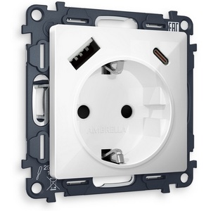 Изображение товара Комплект механизма встраиваемый Ambrella Volt электрической розетки ALFA MA110010 Белый глянец 2USB A+C 20W быстрая зарядка с заземлением и шторками 2P+E 16A-250V QUANT