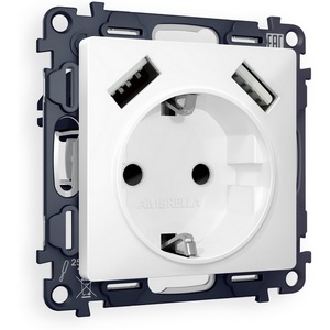 Изображение товара Комплект механизма встраиваемый Ambrella Volt электрической розетки ALFA MA129010 Белый матовый 2USB A+A 18W быстрая зарядка с заземлением со шторками 2P+E 16A-250V QUANT