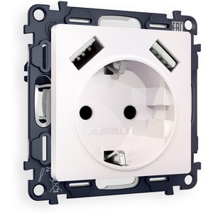Изображение товара Комплект механизма встраиваемый Ambrella Volt электрической розетки ALFA MA209010 Жемчуг 2USB A+A 18W быстрая зарядка с заземлением и шторками 2P+E 16A-250V QUANT