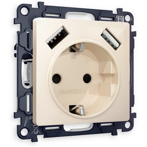 Изображение товара Комплект механизма встраиваемый Ambrella Volt электрической розетки ALFA MA309010 Бежевый глянец 2USB A+A 18W быстрая зарядка с заземлением и шторками 2P+E 16A-250V QUANT
