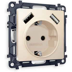 Изображение товара Комплект механизма встраиваемый Ambrella Volt электрической розетки ALFA MA329010 Бежевый матовый 2USB A+A 18W быстрая зарядка с заземлением со шторками 2P+E 16A-250V QUANT