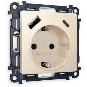 Изображение товара Комплект механизма встраиваемый Ambrella Volt электрической розетки ALFA MA330010 Бежевый матовый 2USB A+C 20W быстрая зарядка с заземлением со шторками 2P+E 16A-250V QUANT