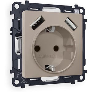 Изображение товара Комплект механизма встраиваемый Ambrella Volt электрической розетки ALFA MA369010 Серо-бежевый матовый 2USB A+A 18W быстрая зарядка с заземлением со шторками 2P+E 16A-250V QUANT