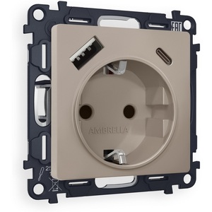 Изображение товара Комплект механизма встраиваемый Ambrella Volt электрической розетки ALFA MA370010 Серо-бежевый матовый 2USB A+C 20W быстрая зарядка с заземлением со шторками 2P+E 16A-250V QUANT