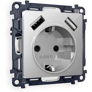 Изображение товара Комплект механизма встраиваемый Ambrella Volt электрической розетки ALFA MA409010 Серебро глянец 2USB A+A 18W быстрая зарядка с заземлением и шторками 2P+E 16A-250V QUANT