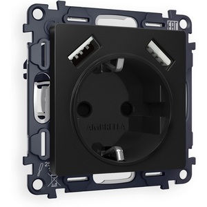 Изображение товара Комплект механизма встраиваемый Ambrella Volt электрической розетки ALFA MA809010 Черный матовый 2USB A+A 18W быстрая зарядка с заземлением и шторками 2P+E 16A-250V QUANT