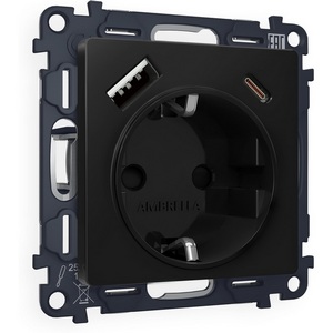 Изображение товара Комплект механизма встраиваемый Ambrella Volt электрической розетки ALFA MA810010 Черный матовый 2USB A+C 20W быстрая зарядка с заземлением и шторками 2P+E 16A-250V QUANT