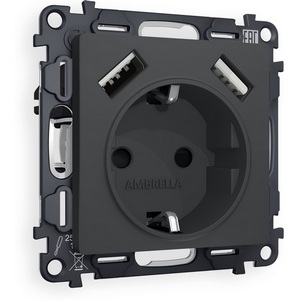Изображение товара Комплект механизма встраиваемый Ambrella Volt электрической розетки ALFA MA909010 Графит мягкое касание 2USB A+A 18W быстрая зарядка с заземлением и шторками 2P+E 16A-250V QUANT