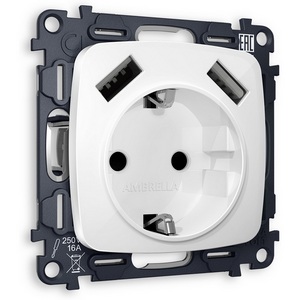 Изображение товара Розетка с заземлением, шторками и быстрой зарядкой USBх2 (белый глянец) Ambrella Volt QUANT MO109010